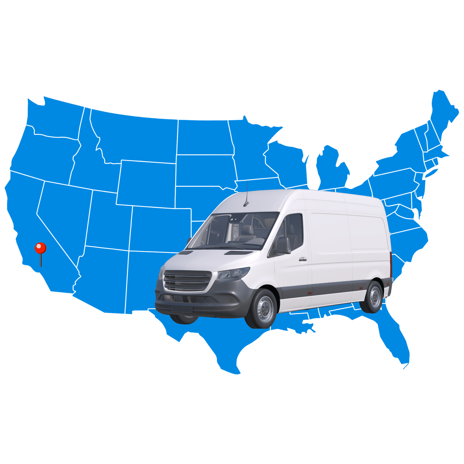 An illustration featuring a map of the USA with a Sprinter van and a ping highlighting Los Angeles, indicating our primary location and delivery operations base.