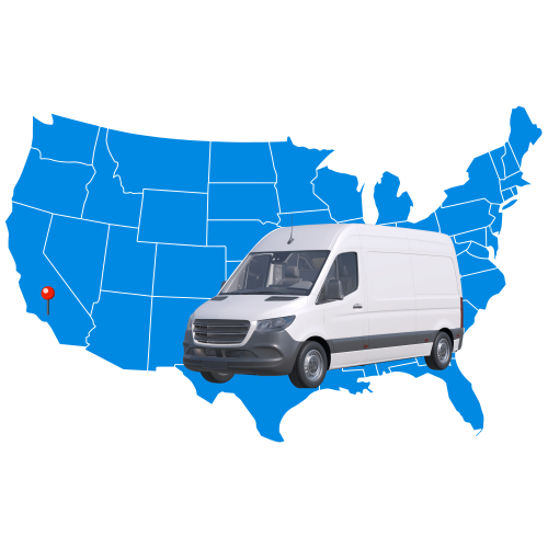 An illustration featuring a map of the USA with a Sprinter van and a ping highlighting Los Angeles, indicating our primary location and delivery operations base.